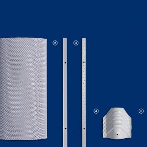 Gutter Guarded's 4mm aluminium gutter guard mesh kit, showing all the parts including the gutter mesh, brackets, and screws.