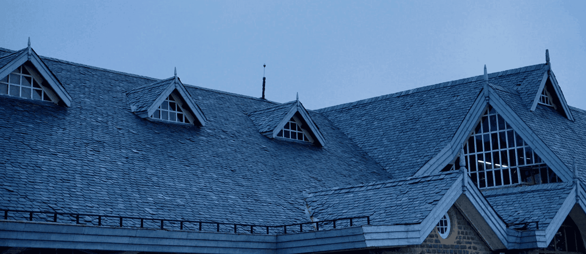 A large roof with shingles and gutter guards, taken at twilight